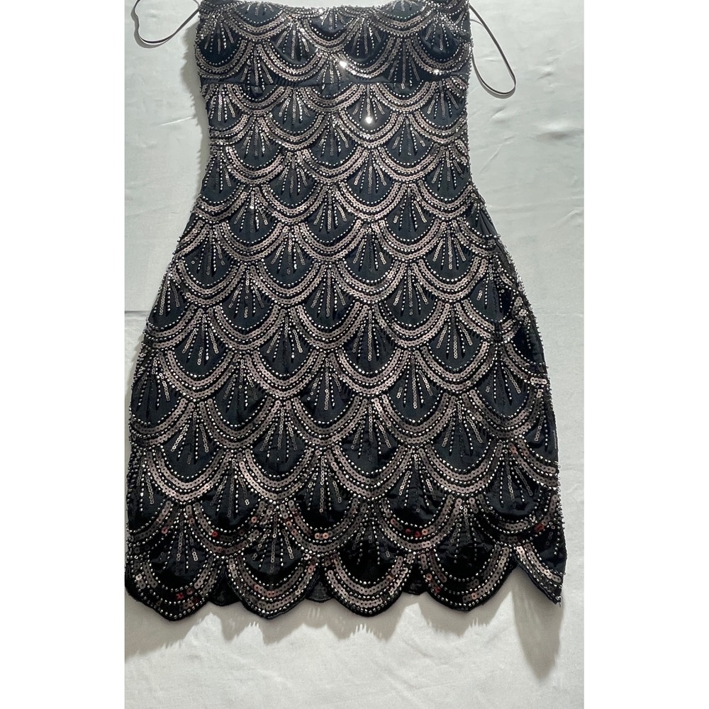 Windsor Black Sequin Beaded Strapless Mini Dress Art Deco Scalloped Size M NEW